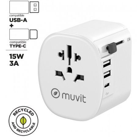 Muvit Cargador de Pared Universal For Change MCADP0006 15W con 1 USB-C y 2 USB-A